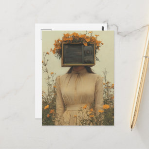 Postal Mujer surrealista única con TV por cabeza vintage