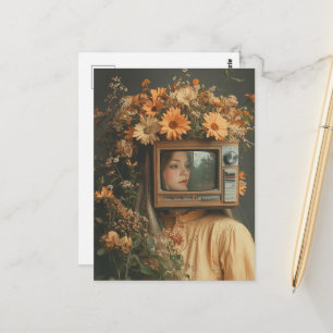 Postal Mujer Surrealista Única con TV por cabeza y flores
