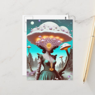 Postal Mujer surrealista única con un sombrero de hongo