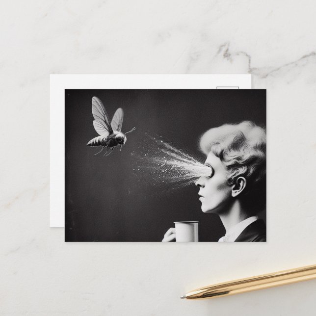 Postal Mujer surrealista y café matutino de abeja (Anverso/Reverso In Situ)