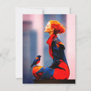 Postal Mujer Surrealista y Pájaro Elegante Cabello Rojo F