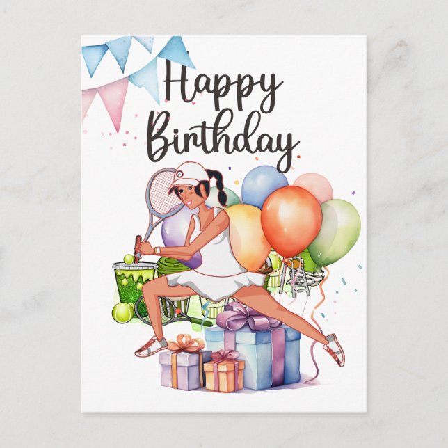 Postal Mujer tenista con la palabra Feliz Cumpleaños  (Anverso)