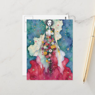 Postal Mujer Única en el Jardín Secreto Tintas Mezcladas