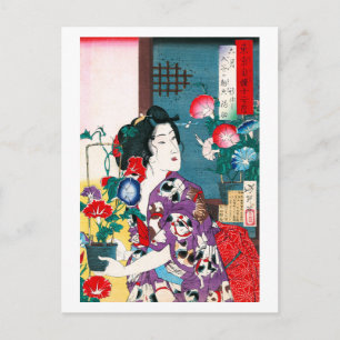 Postal Mujer usando kimono con motivos de gato, Yoshitosh
