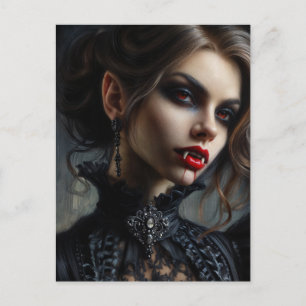 Postal Mujer vampiro con colmillos retrato gótico