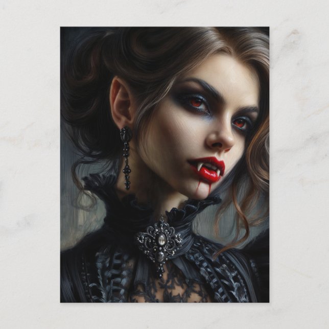 Postal Mujer vampiro con colmillos retrato gótico (Anverso)