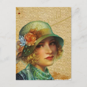 Postal Mujer ventilado en arte de collage gorra