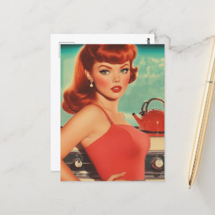 Postal Mujer ventilado en la cocina con un vestido rojo