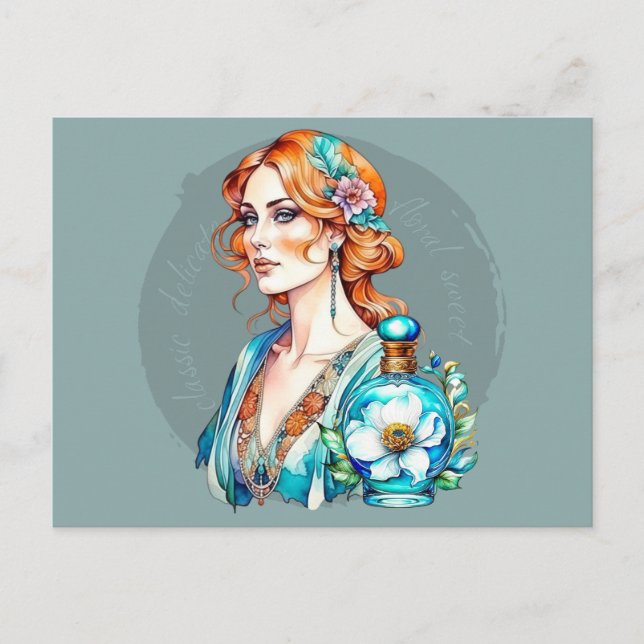 Postal Mujer ventilado y frasco de Perfume Verde azulado (Anverso)