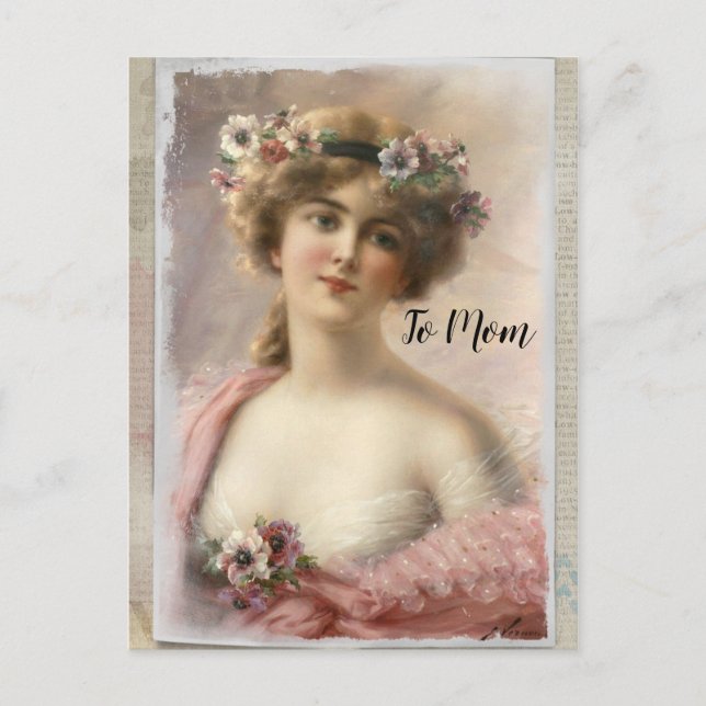 Postal Mujer victoriana con flores en acuarela (Anverso)
