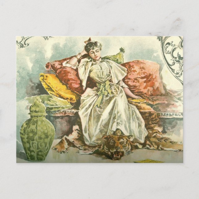 Postal Mujer victoriana con libro, de una revista de 1891 (Anverso)