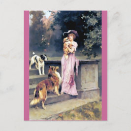 Postal Mujer victoriana con mascotas de perro