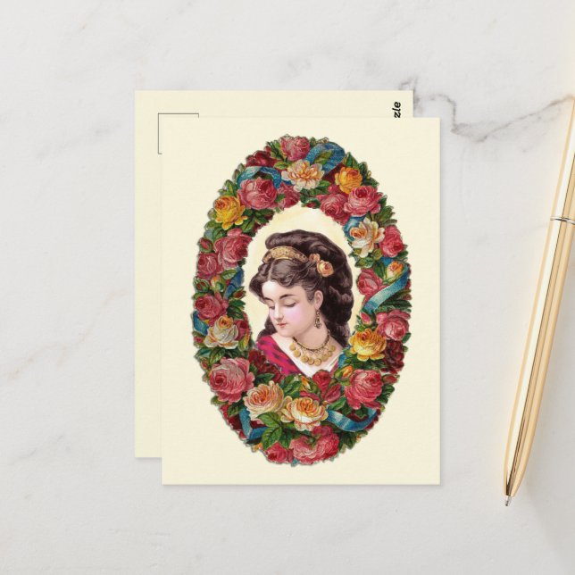 Postal Mujer victoriana dentro de la guirnalda Rosa multi (Anverso/Reverso In Situ)