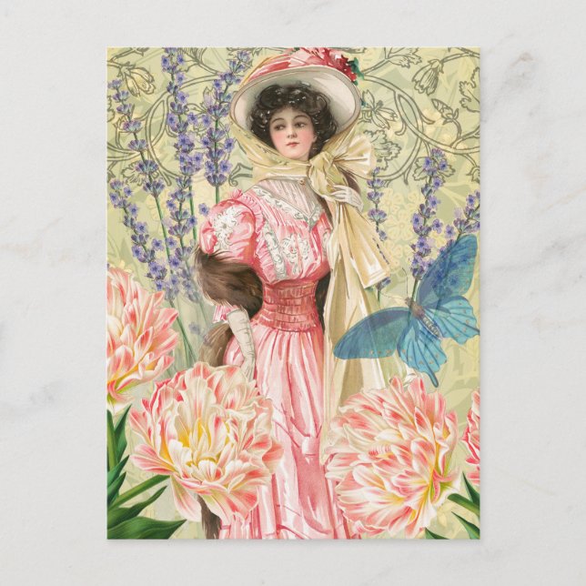 Postal Mujer Victoriana Floral Rosa Regencia (Anverso)