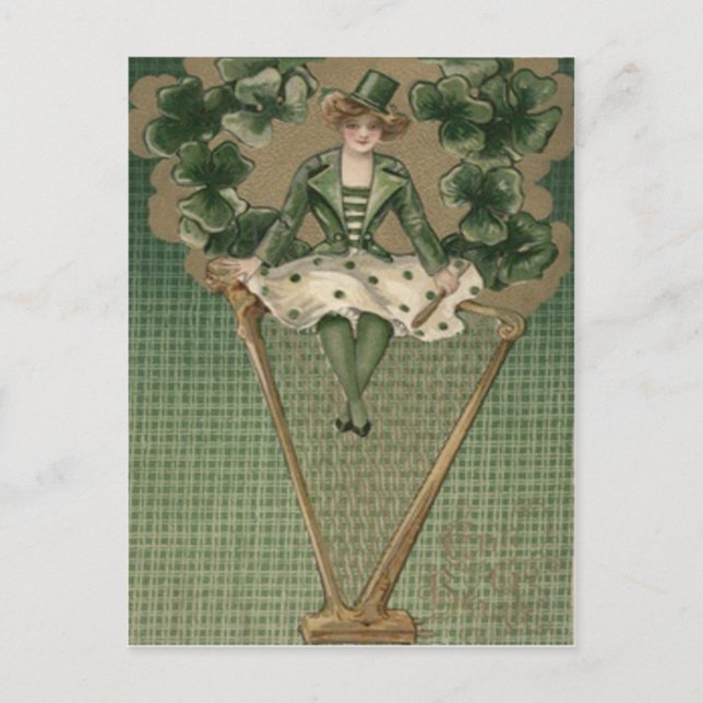 Postal Mujer victoriana Harp Shamrock Green Top Hat (Anverso)