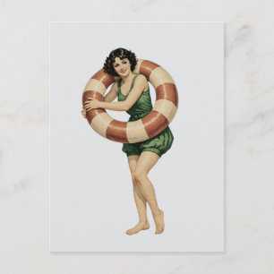 Postal Mujer victoriana nadadora con salvavidas vintage