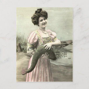 Postal Mujer victoriana pez estanque Pez de abril