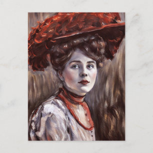 Postal mujer victoriana que lleva sombrero plumas rojas a