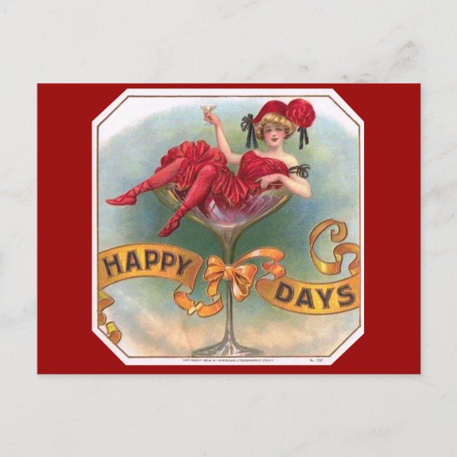 Postal Mujer victoriana Red Champagne feliz (Anverso)