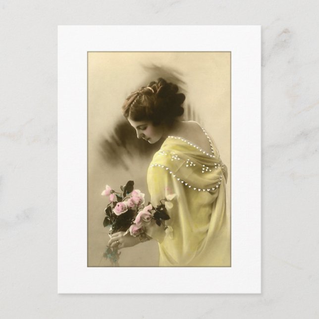 Postal Mujer victoriana rosas rosadas, romántico (Anverso)