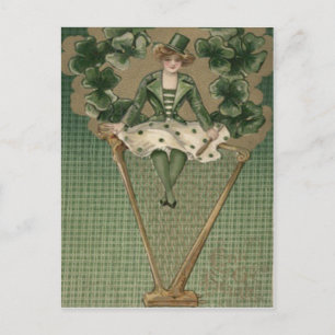 Postal Mujer Victoriana Sombrero Verde Trébol de Harpa