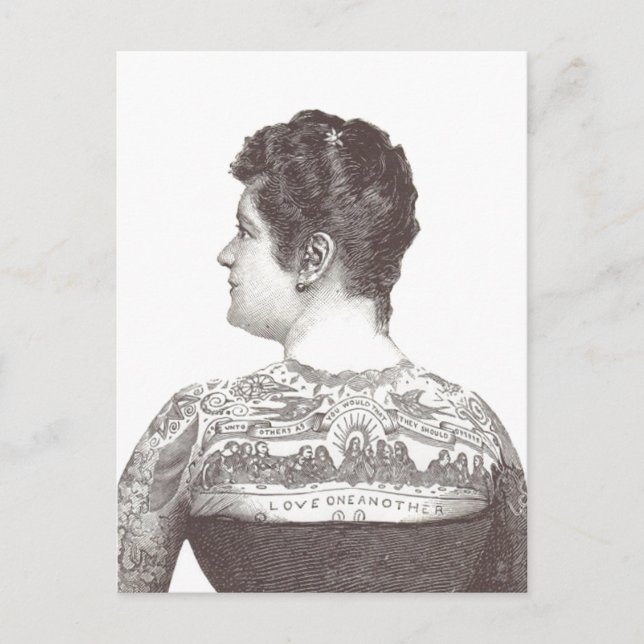 Postal Mujer victoriana tatuada: 'Amarse el uno al otro' (Anverso)