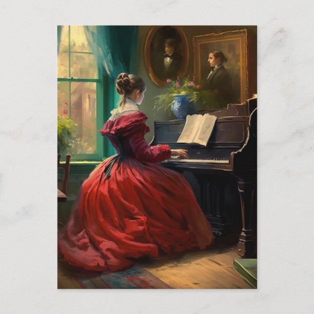 Postal Mujer victoriana tocando el piano, pintura al óleo (Anverso)