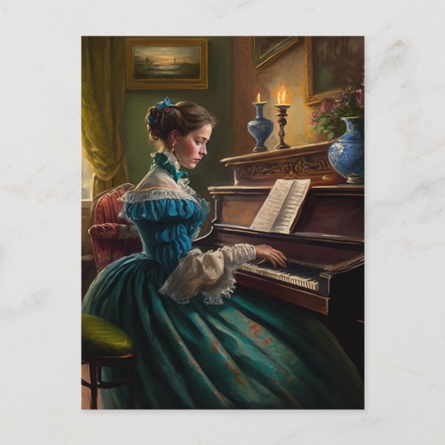 Postal Mujer victoriana tocando piano (Anverso)
