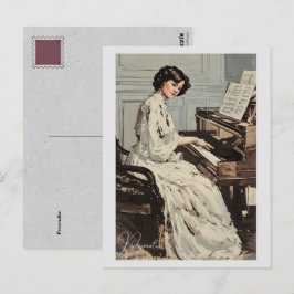 Postal Mujer victoriana Vestido blanco Piano Música Vinta