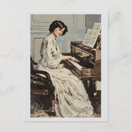 Postal Mujer victoriana Vestido blanco Piano Música Vinta