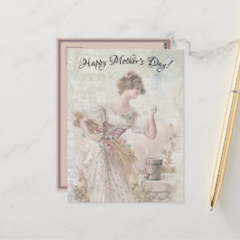 Postal Mujer Vintage Afligida Recogiendo Granos de Flores