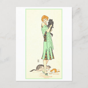 Postal Mujer Vintage Art Deco con Tres Gatos