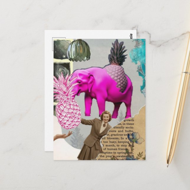 Postal Mujer Vintage Collage de Elefante Rosa (Anverso/Reverso In Situ)