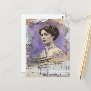 Postal Mujer Vintage Collage de Medios Mixtos Partitura M