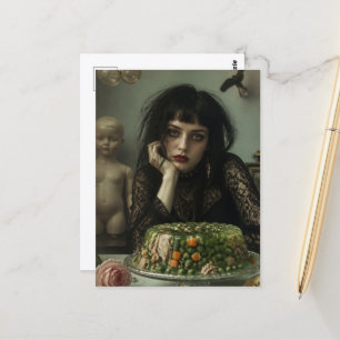 Postal Mujer vintage con una ensalada de gelatina retro