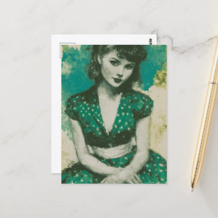 Postal Mujer vintage con vestido verde y blanco de lunare