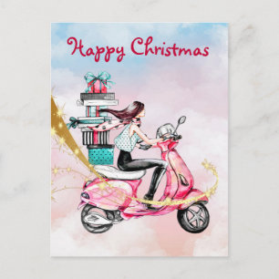 Postal Mujer vintage de Navidad en un scooter rosa