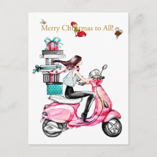 Postal Mujer vintage de Navidad en un scooter rosa
