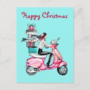 Postal Mujer vintage de Navidad en un scooter rosa