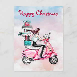 Postal Mujer vintage de Navidad en un scooter rosa