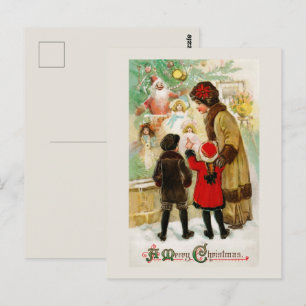 Postal Mujer vintage de Navidad y niños de compras en vit