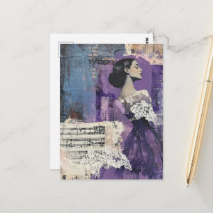 Postal Mujer Vintage Hoja de Música de Collage Encaje Púr