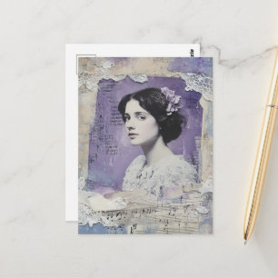 Postal Mujer Vintage Hoja de Música de Collage Púrpura