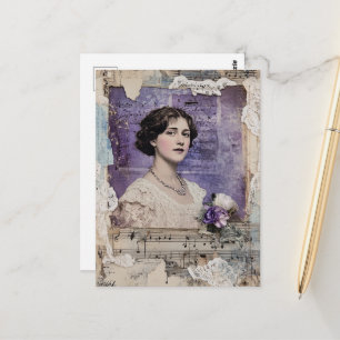 Postal Mujer Vintage Hoja de Música de Collage Púrpura fl