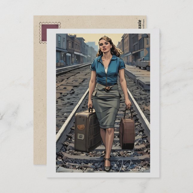 Postal Mujer Vintage Maletas de Equipaje en la Estación d (Anverso / Reverso)