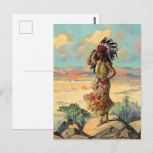 Postal Mujer Vintage Nativa Americana con Tocado de Pluma