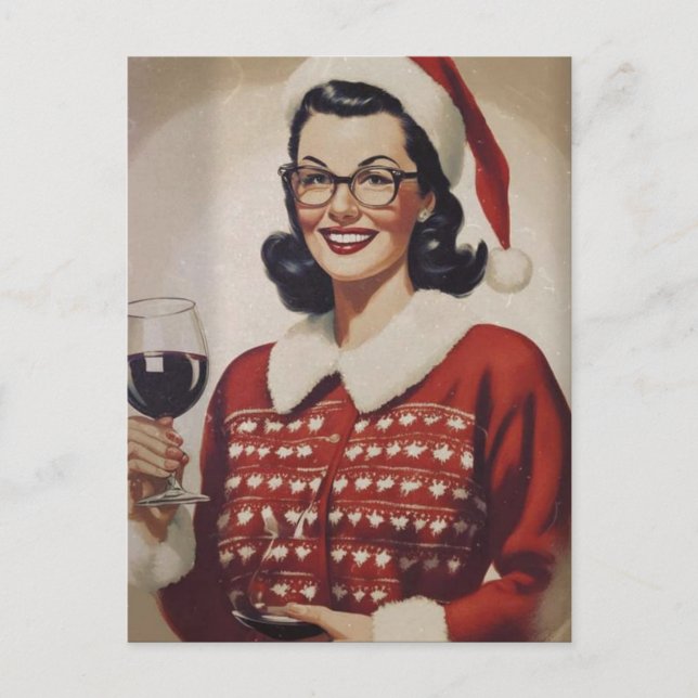 Postal Mujer Vintage Navidad Vino (Anverso)
