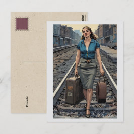 Postal Mujer Vintage Traje Estación de Tren Maletas