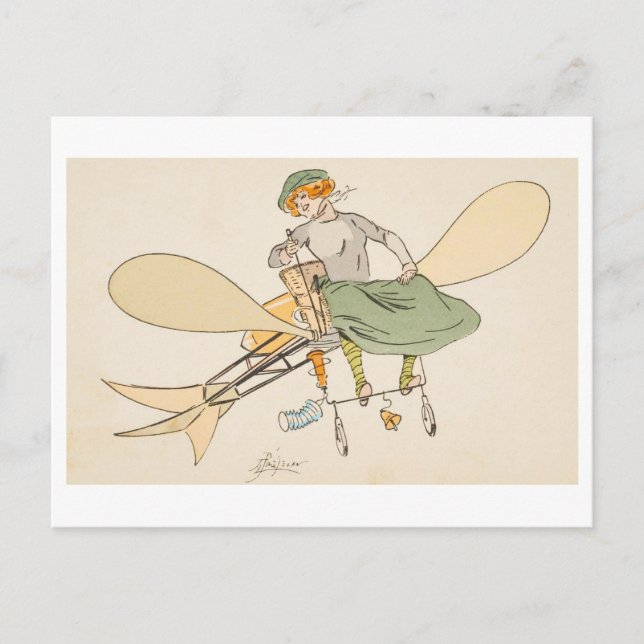 Postal Mujer volando un avión vintage (Anverso)
