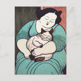 Postal Mujer voluptuosa de Linocut sosteniendo un gato